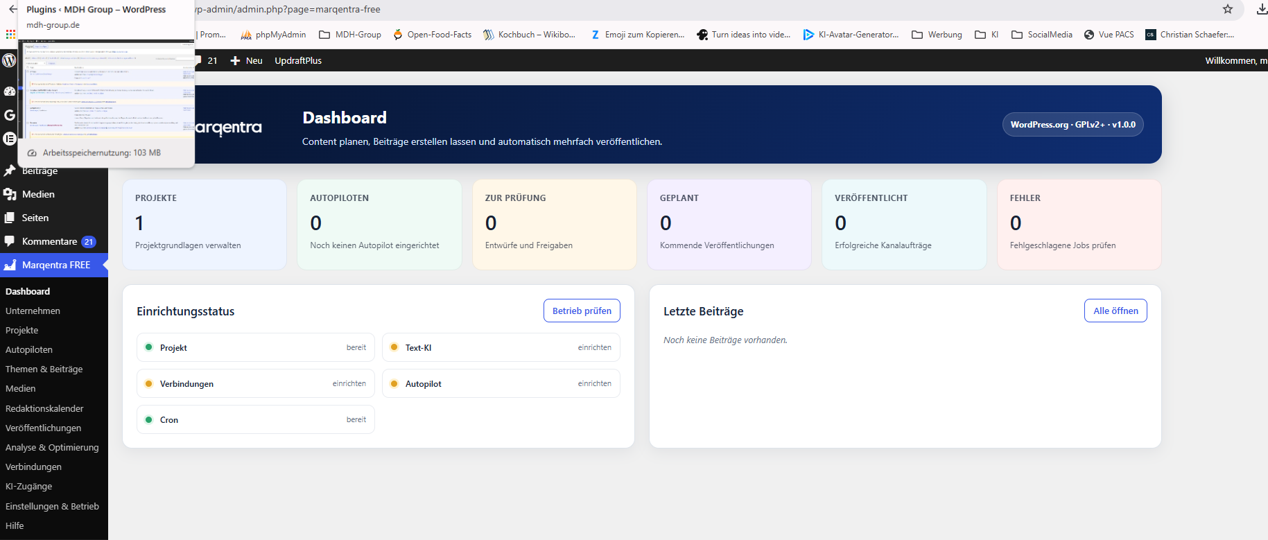Marqentra FREE Dashboard direkt in WordPress